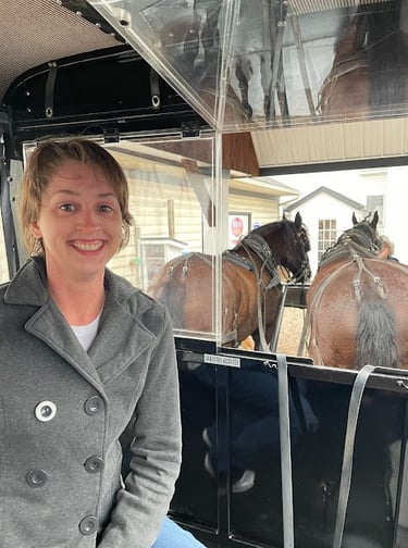 Hannah (Next Vacation Tours & Travel) sitting in Amish buggy with horses in Lancaster County, Pennsylvania