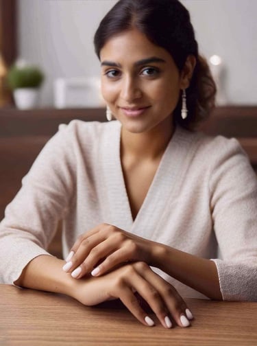 a woman sitting at a table with nail art done