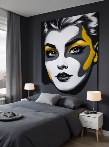 Decoração moderna: quarto de casal com destaque para um quadro pop-art elegante.