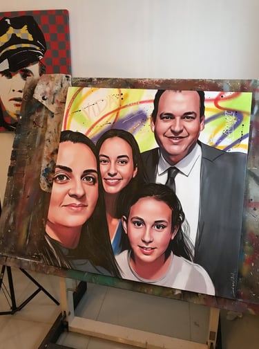 Obra de arte vibrante mostrando uma família reunida, realizada em técnicas de Pop-Art 