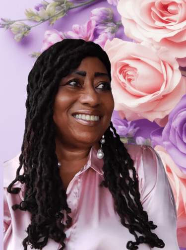 Davida Roze with pink and purple roses