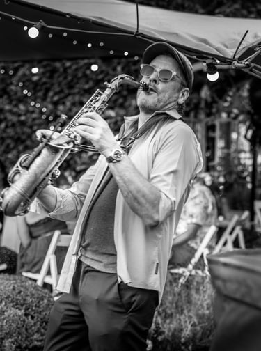 a man playing a saxophone and saxophone in a garden