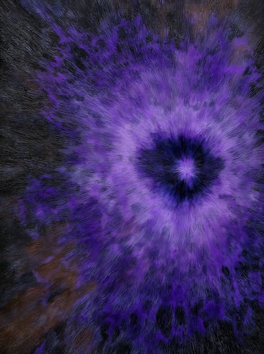 Vizijos abstraktaus meno printas su violetine tekstūra ir radialine kompozicija