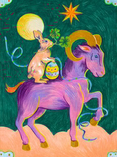 a drawing of a goat and a goat with a moon