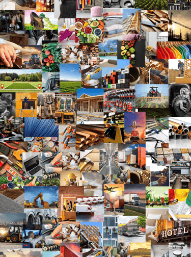 Collage de imágenes con equipos de construcción, simbolizando infraestructura y recursos.