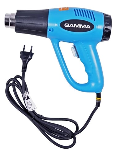 Blue Gamma electric heat gun with a black nozzle and power cord for DIY projects.
