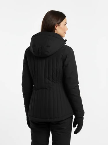 Back view of a waterproof insulated black Columbia ski jacket showing the technical quilted design.