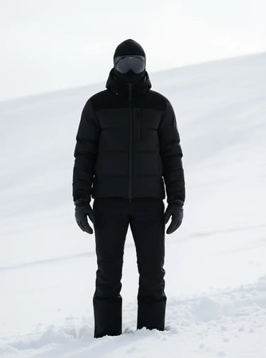 Woman in all-black insulated waterproof ski outfit standing in snow.