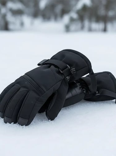 Waterproof insulated black women's ski gloves on white snow.