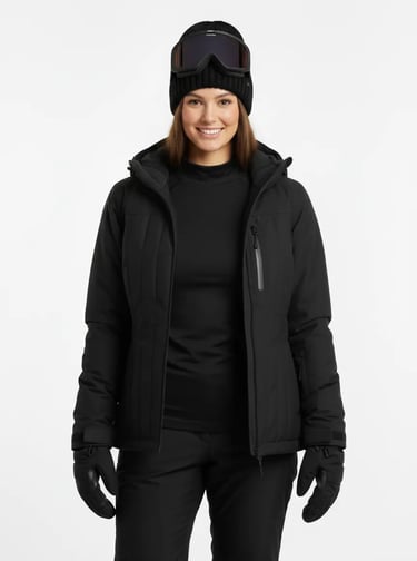 Front view of a woman in a black Columbia waterproof insulated ski jacket with goggles.