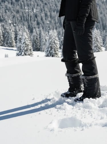 Waterproof insulated black Arctix ski pants and snow boots in deep snow