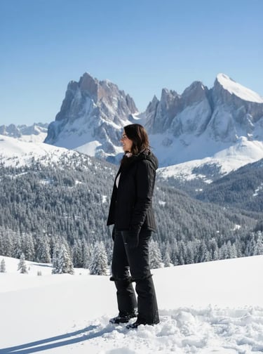 Side view of a woman wearing an insulated waterproof black ski outfit in a snowy alpine landscape.