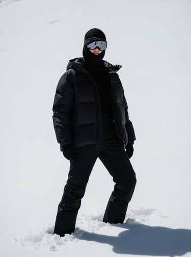 Fully geared woman in waterproof insulated black puffer jacket and ski pants posing in deep snow.