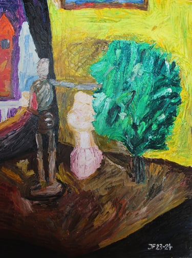 a still life painting of sculptures and a plant
