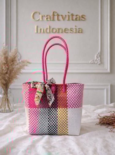 Tas anyaman plastik motif batik warna pink mix handmade dari Craftvitas Indonesia