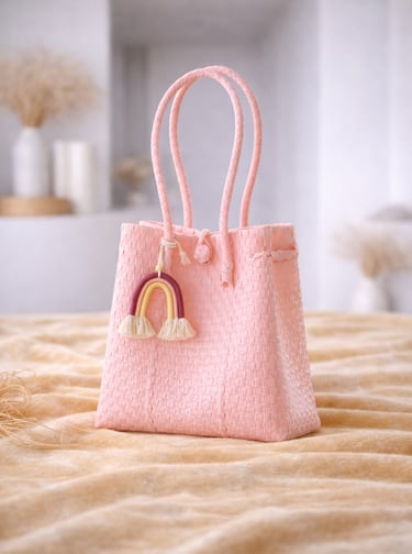Tas anyaman plastik jali jali pink muda salem handmade dengan gantungan pelangi, cocok untuk hadiah