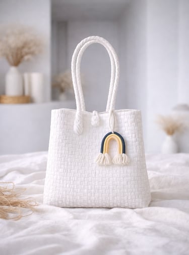 Tas anyaman plastik jali jali warna putih handmade dari plastik daur ulang, elegan dan ramah lingkungan