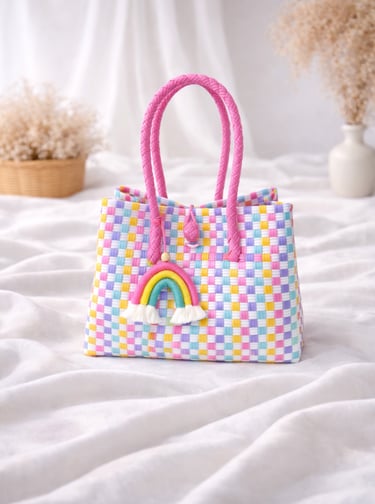 Tas anyaman plastik handmade warna pastel rainbow dengan pegangan pink, tas anyaman wanita modern