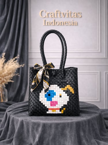 Tas anyaman karakter anjing warna hitam handmade untuk tas souvenir