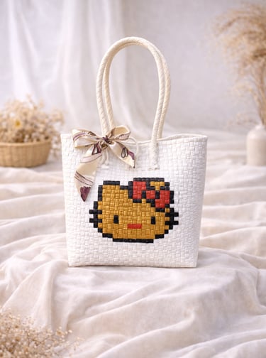 Tas anyaman karakter lucu warna putih coklat handmade untuk hampers