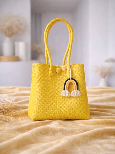 Tas anyaman plastik jali jali warna kuning handmade, tas anyaman cerah dari plastik daur ulang