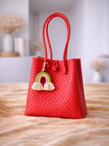 Tas anyaman plastik jali jali warna merah handmade, tas anyaman fashion unik dan menarik