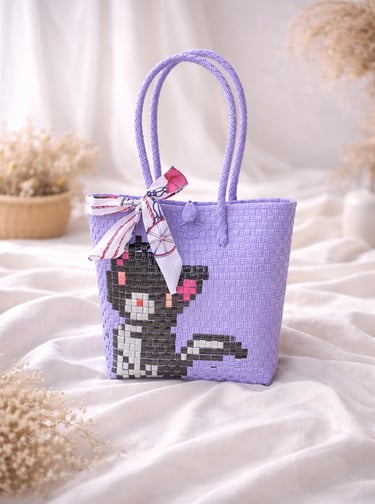Tas anyaman karakter kucing warna ungu muda handmade dari plastik daur ulang