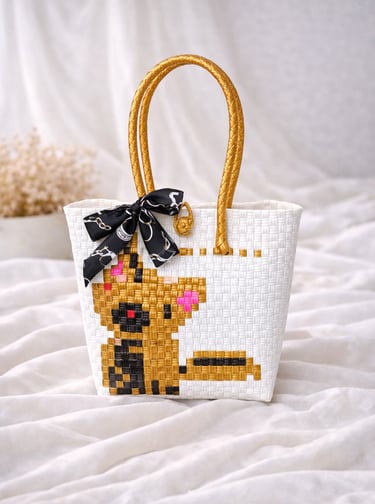 Tas anyaman karakter anjing putih coklat handmade ramah lingkungan