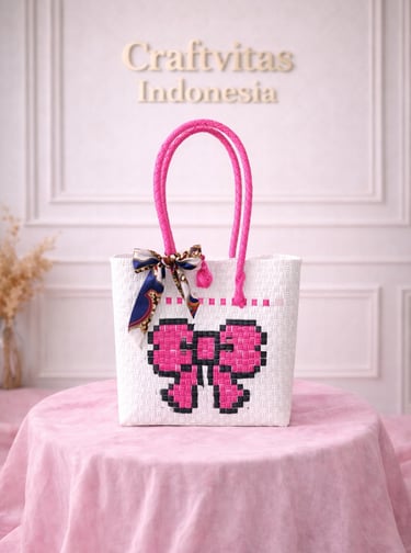 Tas anyaman karakter kupu-kupu handmade warna putih pink ramah lingkungan