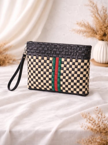 Tas anyaman plastik handmade warna hitam dan krem dengan aksen garis hijau merah, clutch eksklusif buatan tangan