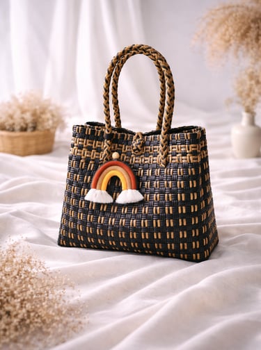 Tas anyaman plastik handmade hitam coklat premium, tas anyaman wanita elegan
