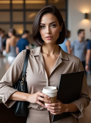 Vivienne at a café table in ivory blazer, reviewing notes with espresso.