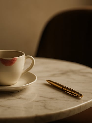 Lipstick cup and gold pen on marble table, chair pulled back slightly