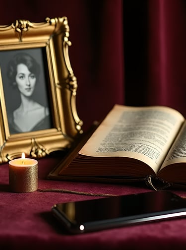 Gold photo frame, journal, and candle on velvet—mood of intimacy and mystery