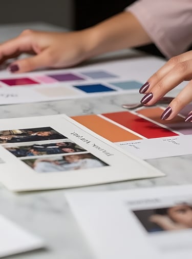 Curating brand elements on a marble desk with elegance.