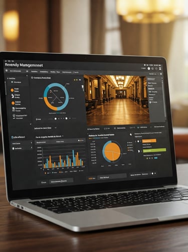 Consultora y hotelero analizando gráficos 3D de precios dinámicos y alertas de demanda en pantalla holográfica