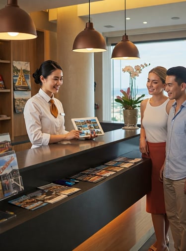 Concierge mostrando itinerario personalizado a huéspedes en recepción de hotel boutique con maleta vintage y flores