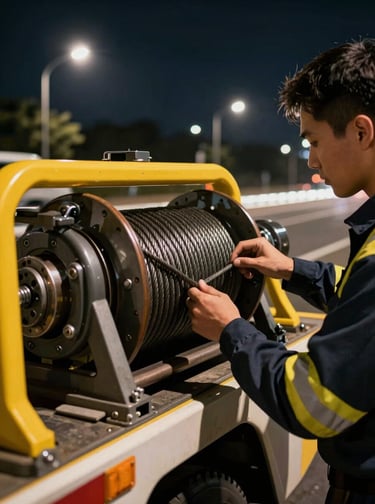 Close-up of a secure winch attachment on a vehicle recovery truck, professional uniformed technician checking the steel cable, night-time ambient streetlights, cinematic lighting.