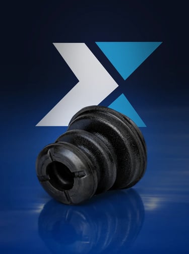 Componente industriale Hulemex su sfondo blu con logo, esempio di identità visiva.