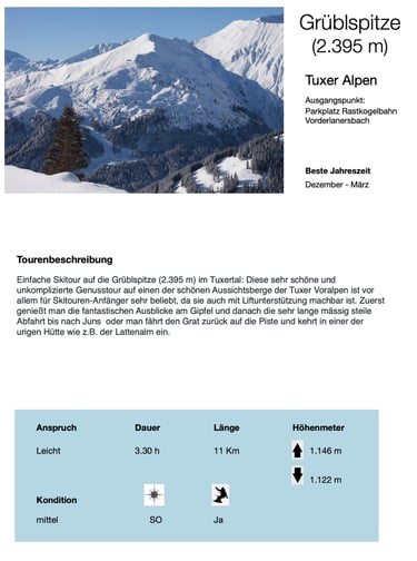 alt= "Skitour in Tux Grüblspitze Skitourenbeschreibung Freeride, Tuxer Alpen, Eggalmbahn"