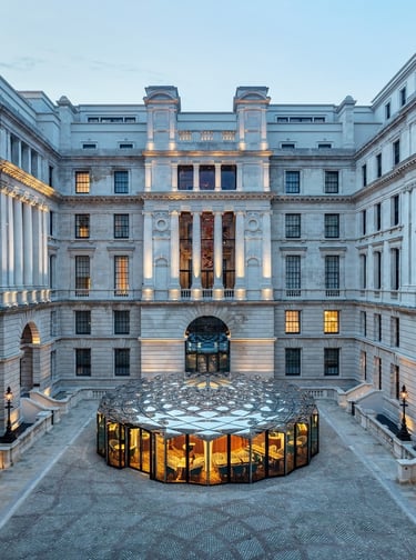 Stylish glass pavilion in the historic courtyard of Raffles London at The OWO.