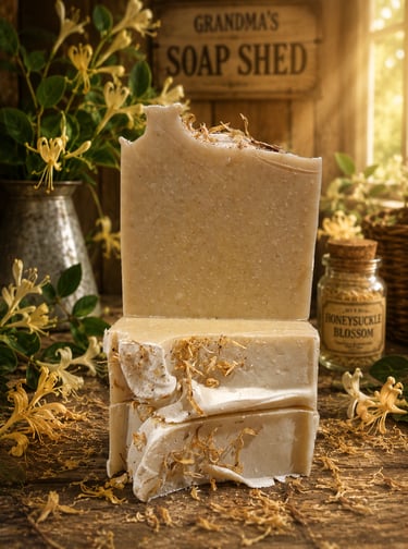 Handmade honeysuckle blossom soap bars stacked in a rustic wooden soap shed with yellow flowers.