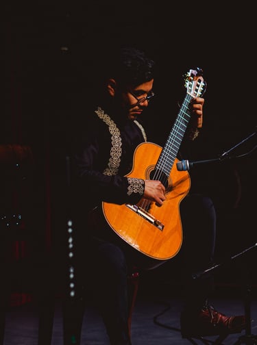 A musician performing a classical flamenco guitar solo on stage during a live concert.