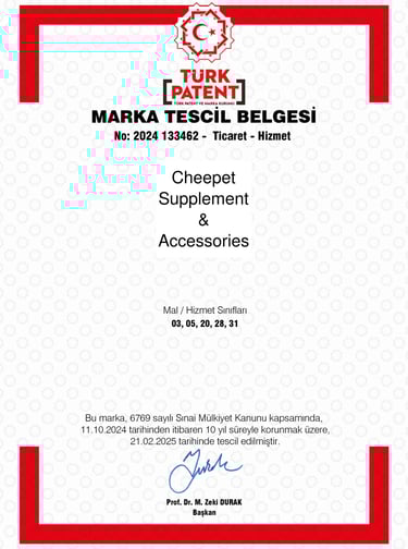CHEEPET markasının resmi tescil belgesi. CHEEPET, pet takviyeleri ve aksesuarları alanında tescilli