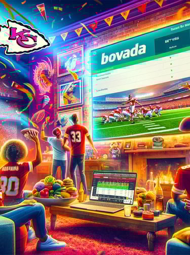 Diverse group of KC Chiefs fans discussing bets on Bovada during a game.