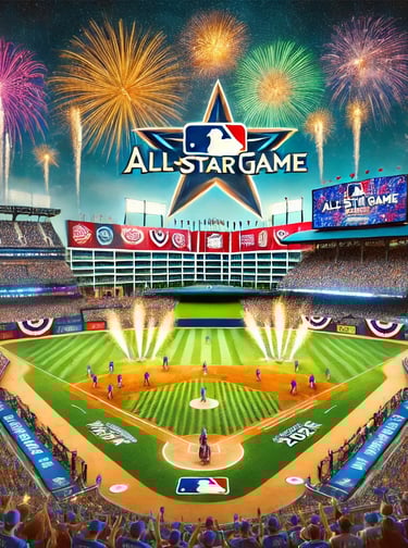Excitement of MLB All-Star Game 2024 at Globe Life Field with fans, fireworks, and players in action