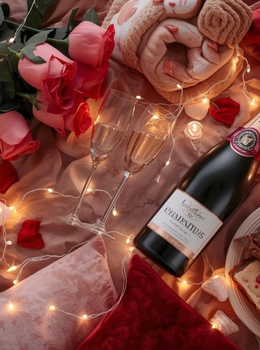 Flat lay of Valentine’s decor items like candles, flowers, and cozy textiles.