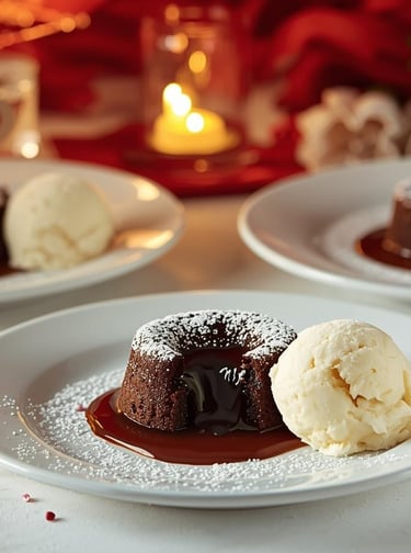 Warm mini molten lava cakes with melting chocolate centers and ice cream on white plates with romant
