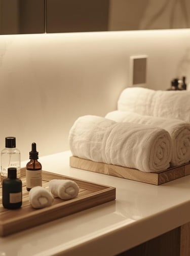 Organized bathroom counter with towels and skincare in neat trays.