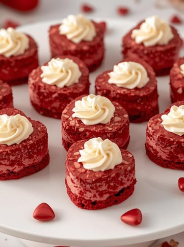 Heart-shaped red velvet cheesecake bites with cream cheese swirls on a white platter.